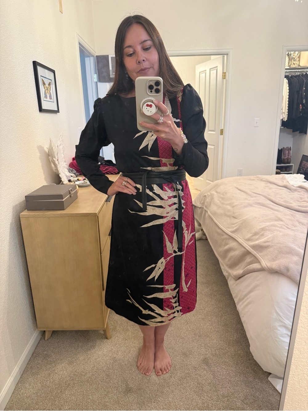 VINTAGE LA CHEMISE Black Dress with Pink & Cream Bamboo Print 10